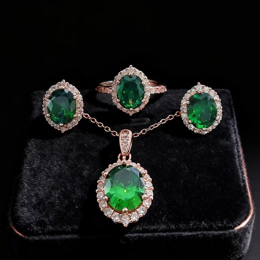 Fashion Jewelry Sapphire Ruby Vintage Ring Stud Earrings Pendant Necklace Women's Jewelry Set