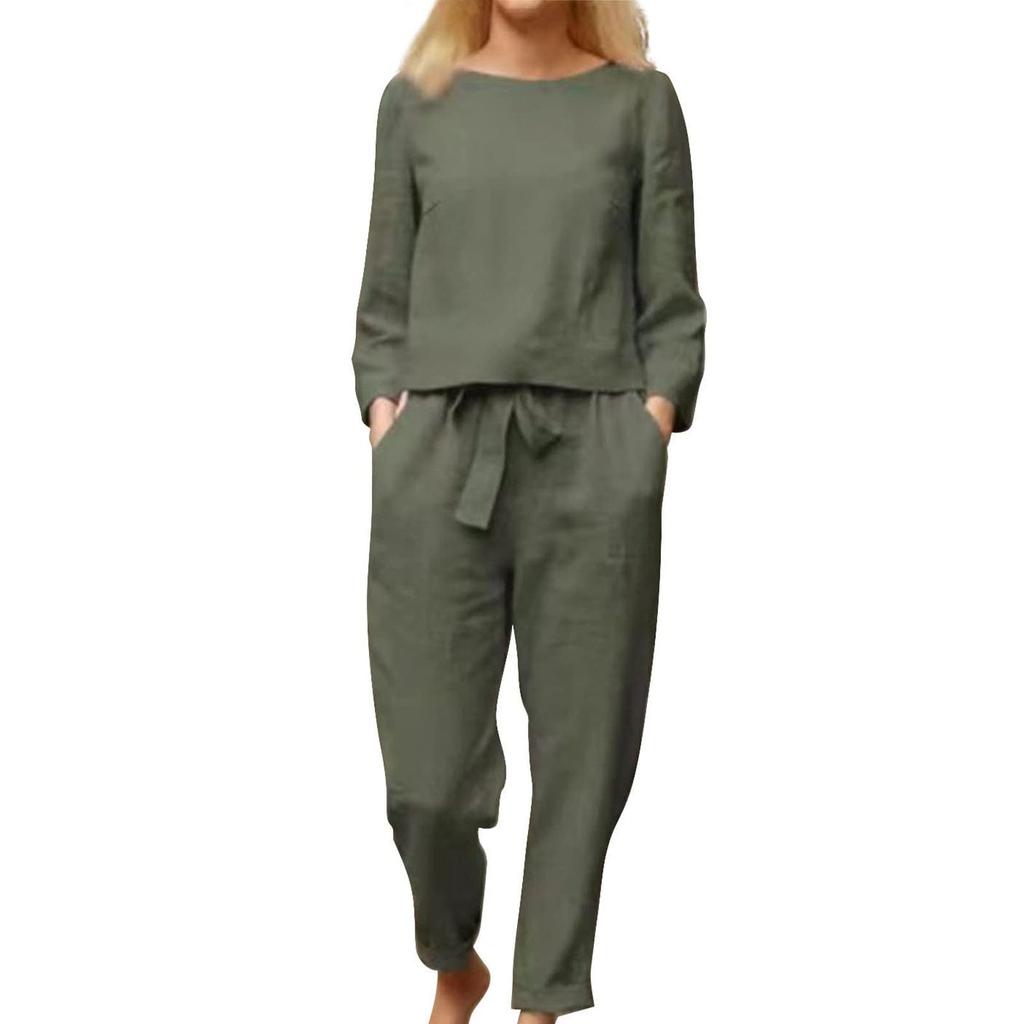 Women's Fashion Colour Casual Suit Loose Round Neck Top Long Pants Set