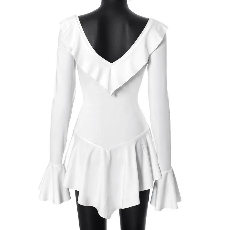 Temperament Slim Fit Ruffled Solid Color Trumpet Long Sleeves Tie Dress For Women