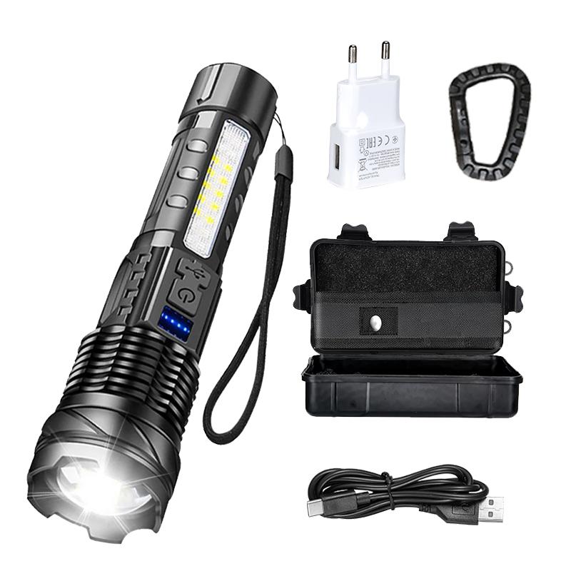 XHP50 High Power LED Flashlight Tactical COB Side Light Zoomable Torch Spotlight Rechargeable Waterproof Self-defense Flashlight