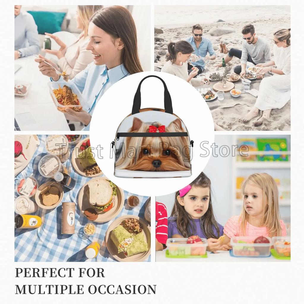 Cute Ribbon Yorkie Reusable Lunch Bag Insulated Lunch Box Tote with Adjustable Strap Leakproof Bento Bags for Work Picnic Beach