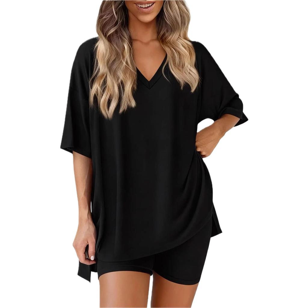 2026 Summer Chic European & American V-Neck Solid Color Loose Pajama Set
