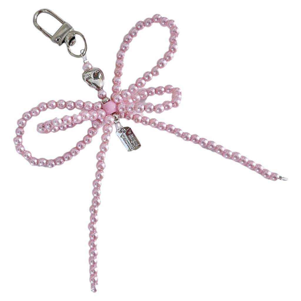 Elegant Bowknot Keychain Charm Silver Heart Pendant Woman Accessories Fashion Bag Charm Beaded Key Pendant for Key Bag