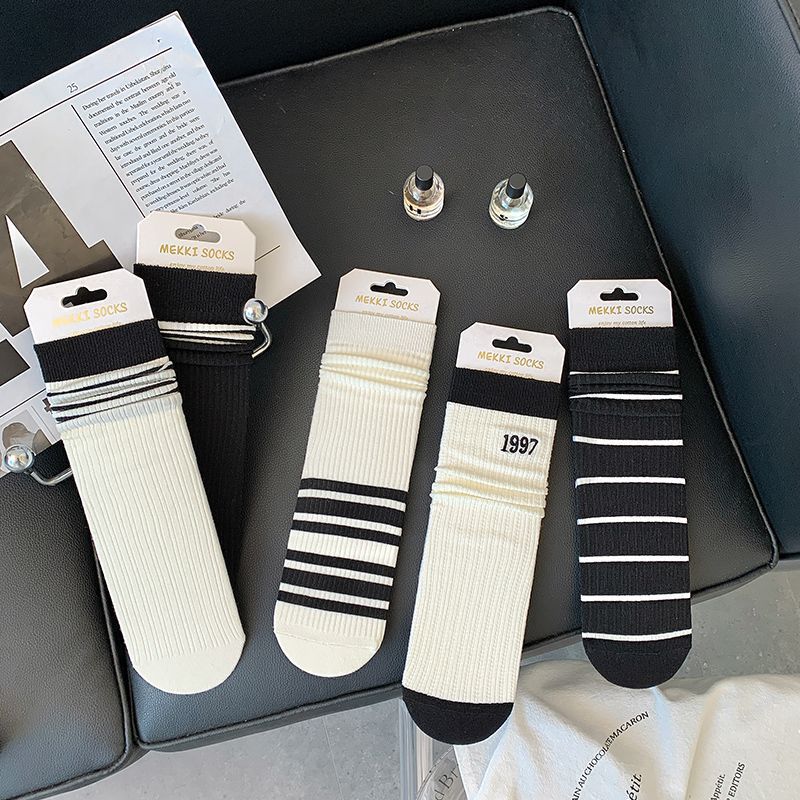 Socks Women'S White Tube Socks Striped Versatile Women'S Stacking Socks Japanese Trendy Black Stockings