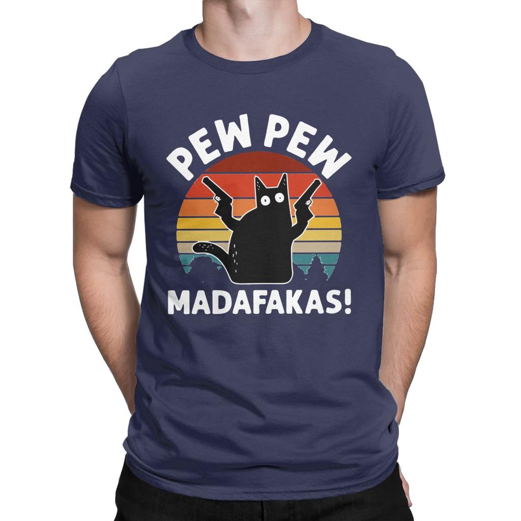 Men Vintage Retro Black Cat Pew Pew Madafakas T Shirt Pure Cotton Clothes Funny Short Sleeve Tee Shirt Gift Idea T-Shirts