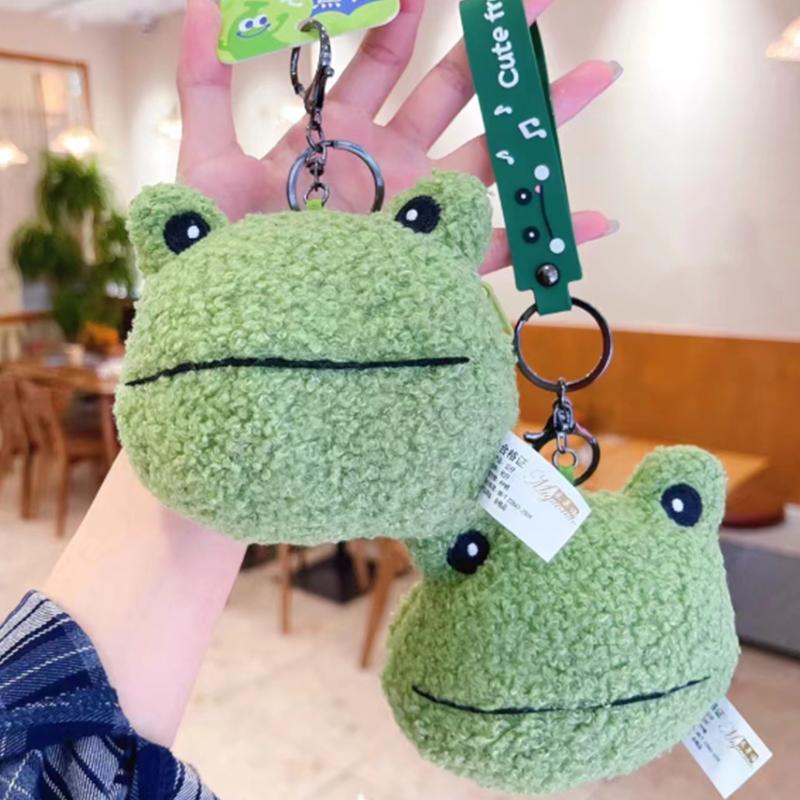 Girls Kawaii Key Charm Lanyard Pendant Earphone Storage Bag Zipper Coin Purses Mini Wallet Keychain Frog Coin Bag