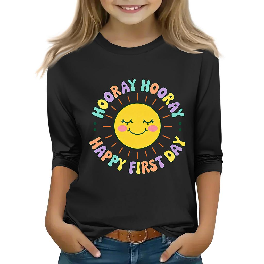 Kids Casual Printed Round Neck 3/4 Sleeve Top for Back To School