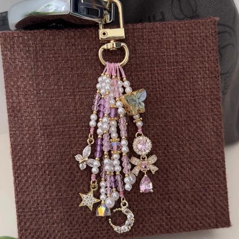 Butterfly Moon Star Zircon Bead Tassel Key Chains for Women Korean Pearl Bow Water Drop Handmade Chain Bag Key Pendant Accessory
