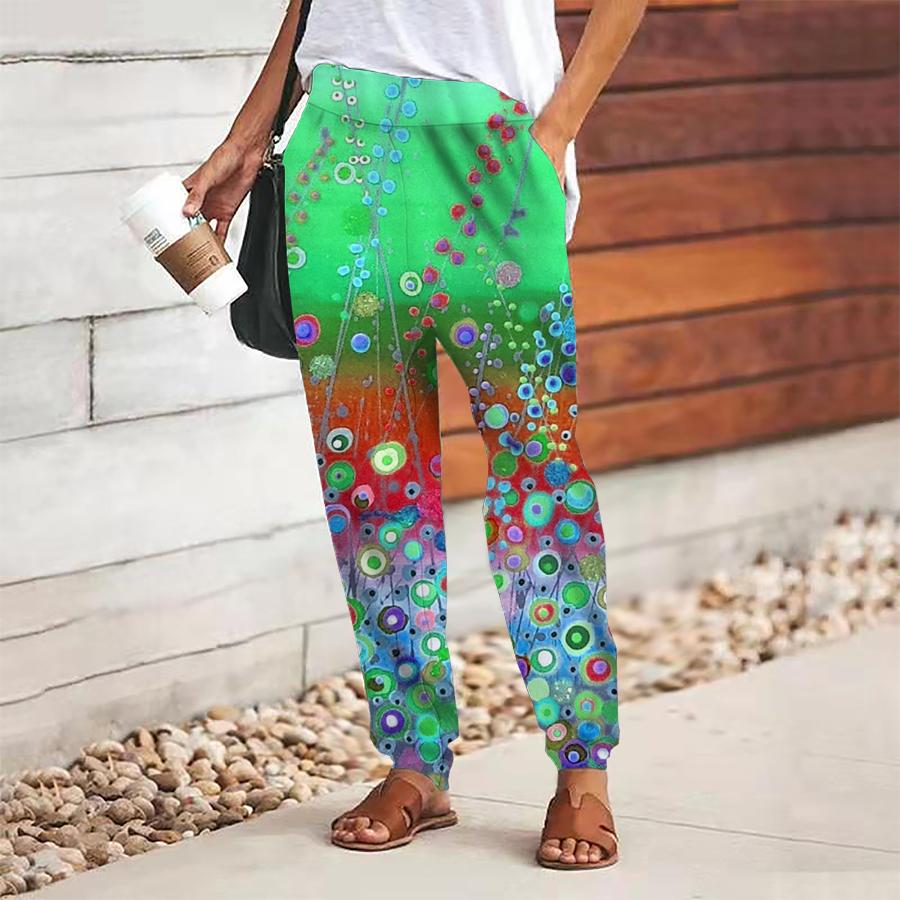 Women Abstract Printing Pants Lace Up Elastic Waist Loose  Trousers Casual Long Pants Trousers with Pockets