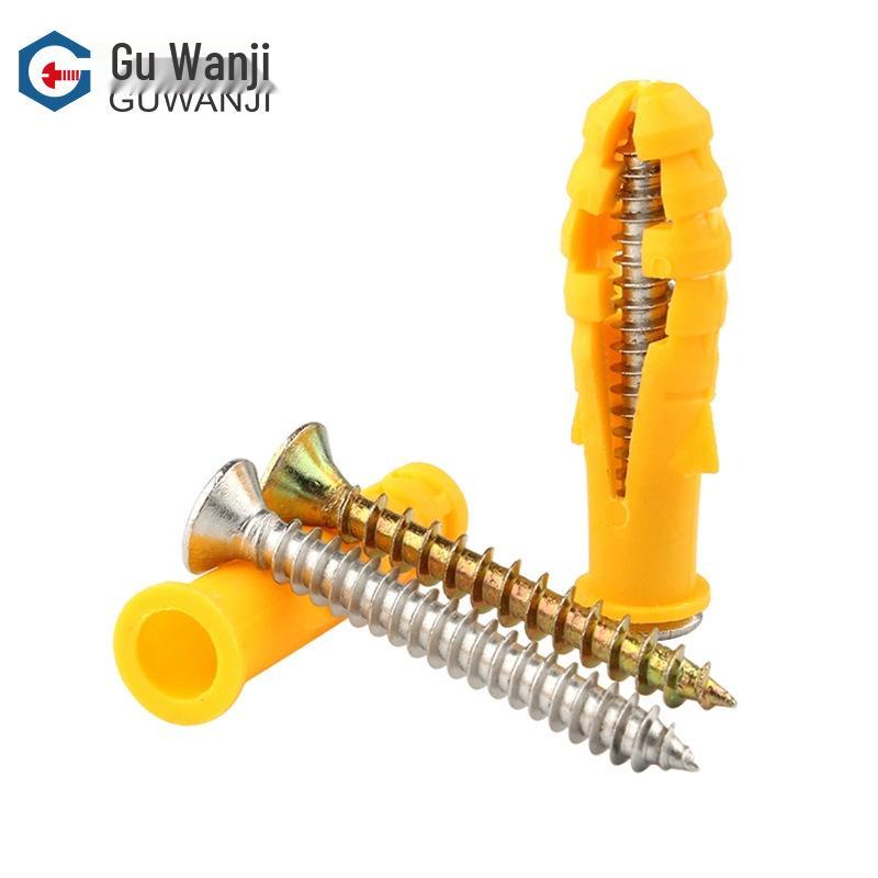 Yellow Fish Plastic Expansion Tube/Screw Set (6/8/10) - Includes Anchors, Self-tapping Screws, and Rubber Plugs.