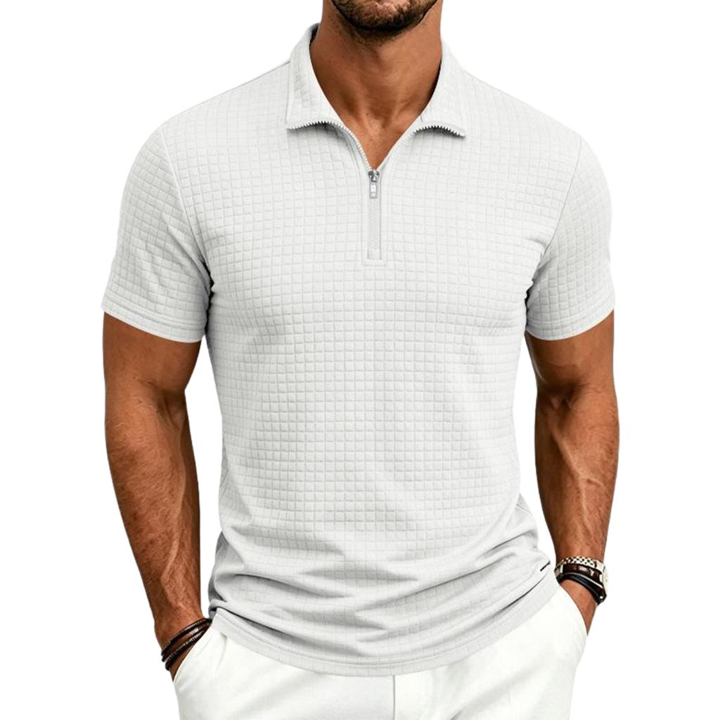Men's Plaid Half-Zip Short Sleeve Shirt with Fabric for Summer Business Casual Wear