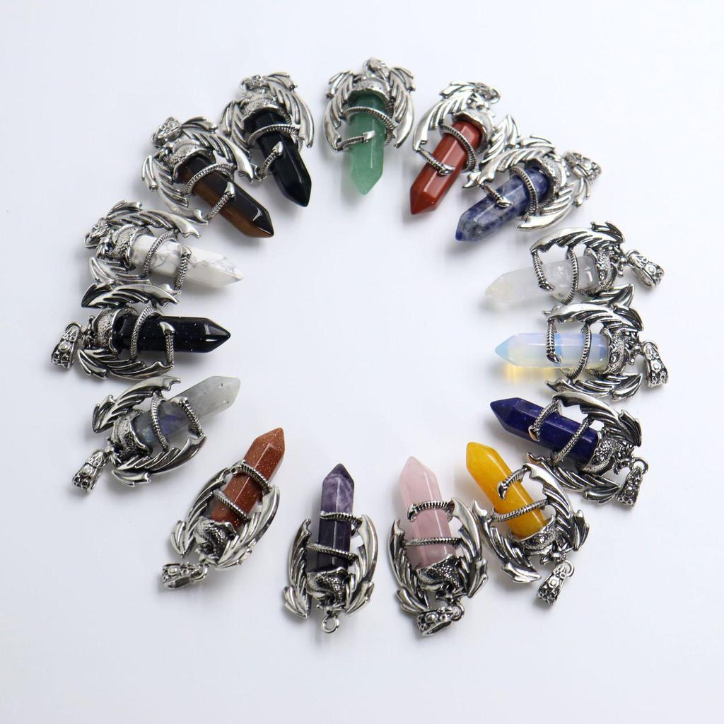 Vintage Flying Dragon Pendant Necklace with Amethyst, Rose Quartz, and Tiger Eye Gems