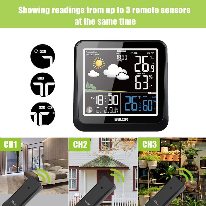  Wireless Weather Station Color LCD In/Outdoor Wall Thermometer Hygrometer Moon Phase Weather Forecast Trend Sensor Clock