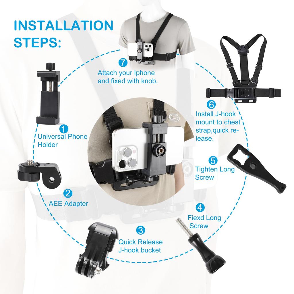 PellKing Handy Brustgurt Geschirr Halterung Kopfband Halter Kit für Handy Clip Kompatibel mit GoPro Hero DJI Action Kameras POV/VLOG, iPhone, Samsung,