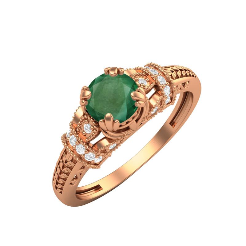 

5MM Round Emerald Gemstone 925 Sterling Silver Rose Plated Solitaire Blossom Design Women Wedding Ring 12