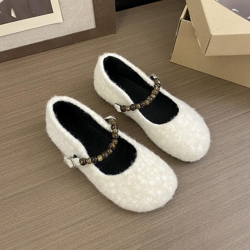 French Flat-bottomed Fairy Wind Lamb Wool Round Head Pearl Word with Fluffy Shoes Women Wear Autumn and Winter New Cotton Single Shoes
