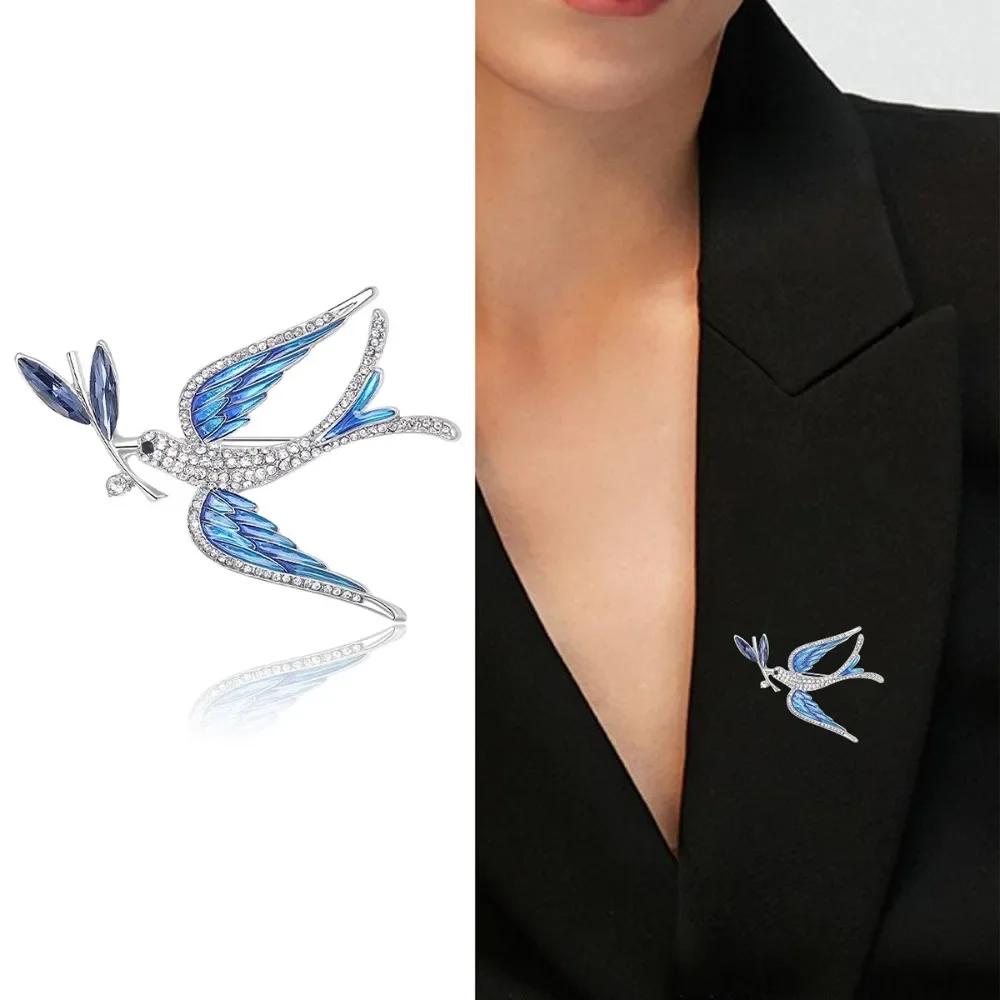Exquisite Fashion Full Zircon Enamel Swallow Bit Branch Brooches for Women Creativity Crystal Bird Pin Party Jewelry Accessory