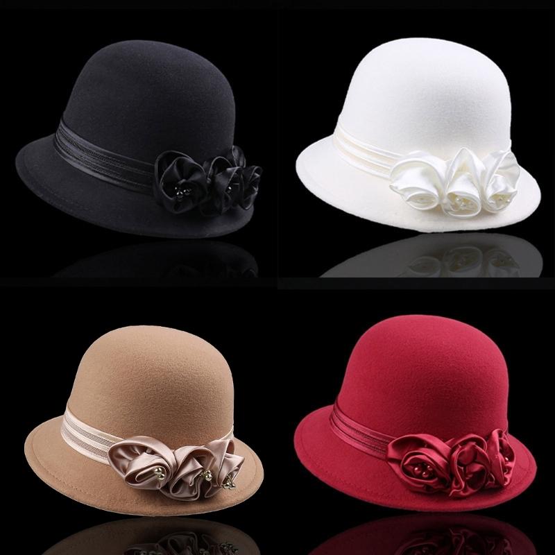 Vintage Silky Flower Hat Winter Warm Dome Hat Women Wool Cloche Hat Headwear