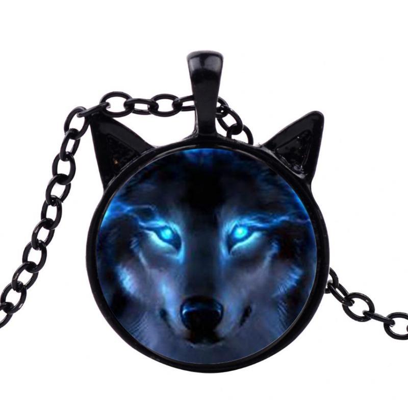 Unisex Jewelry Retro Wolf Head Pendant Cabochon Long Chain Sweater Necklace