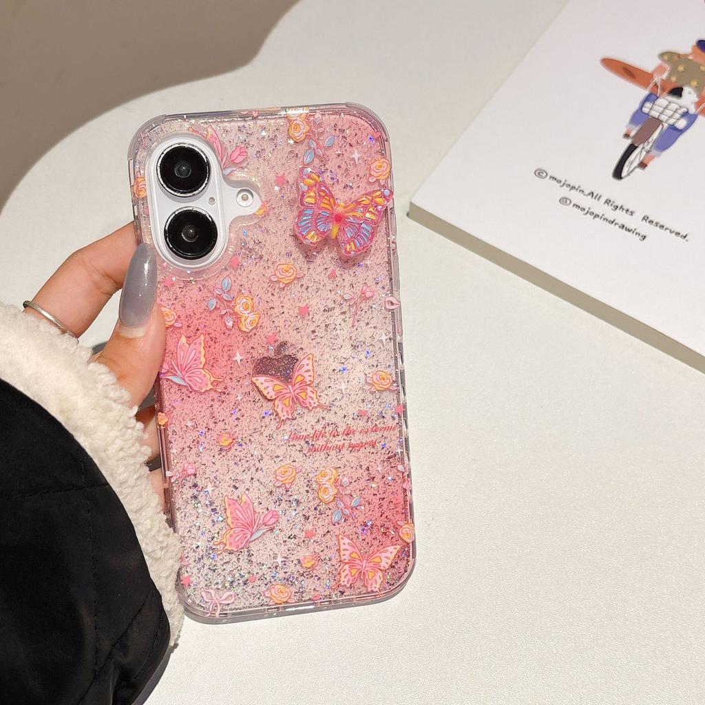 Pink Flower Butterfly for Apple 16 Mobile Phone Case iPhone17promax Transparent Glitter IMD Case 15/14