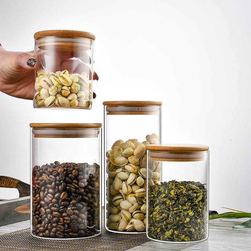Wood Lid Glass Airtight Canister Food Container Tea Coffee Beans Kitchen Storage Bottles Jar Sealed Grounds Candy Jars Organizer