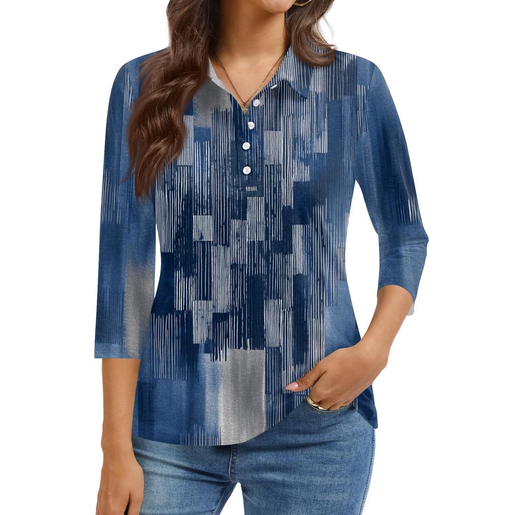 Camicia Casual da Donna con Collo a Revers, Manica Corta 3/4, Stampa, Top da Donna con Bottoni