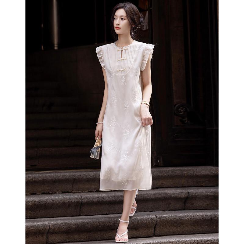 Demana New Chinese Style Embroidered Lace Flutter Sleeve Midi Dress