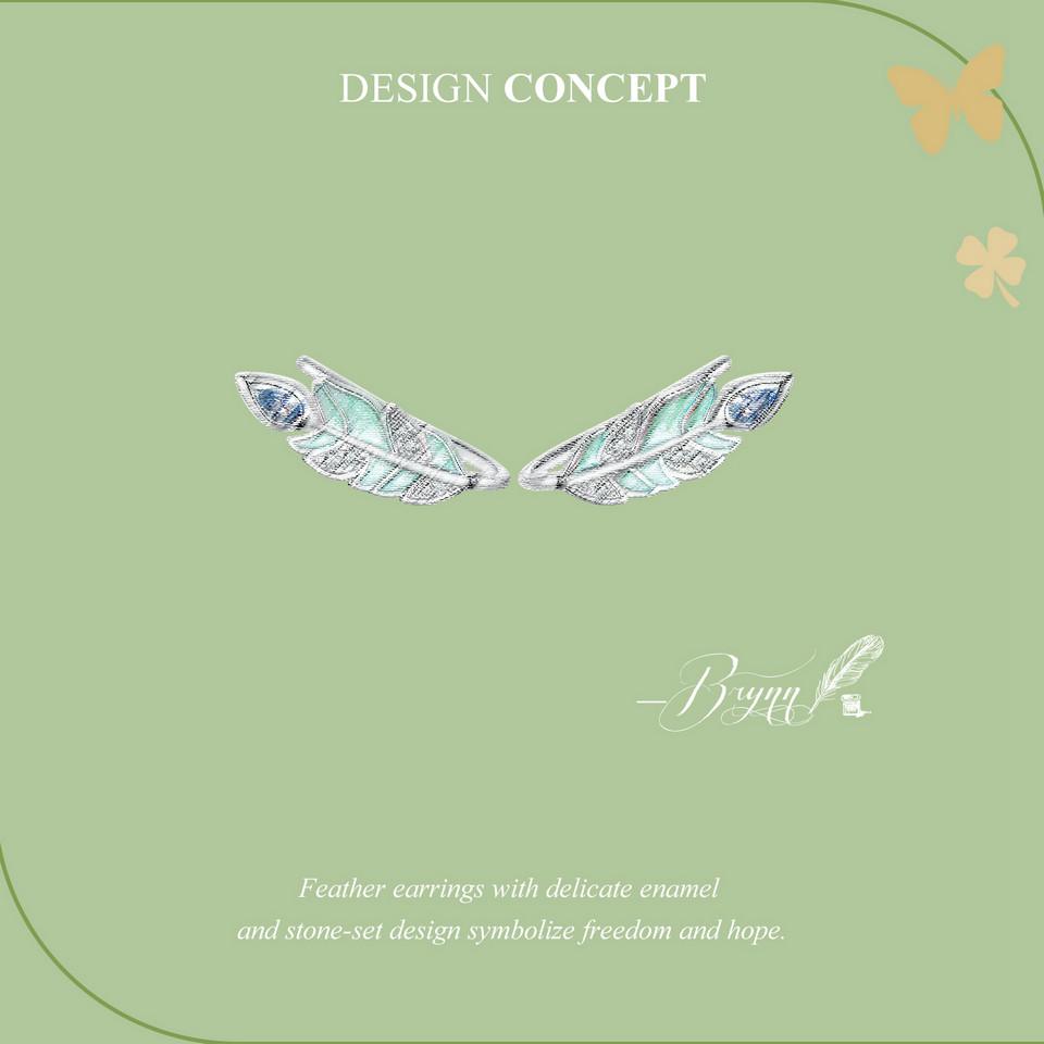 BAMOER Cercei cu pene din argint sterling 925, verde mentă, emailat, pentru femei, cadou de petrecere, bijuterii fine