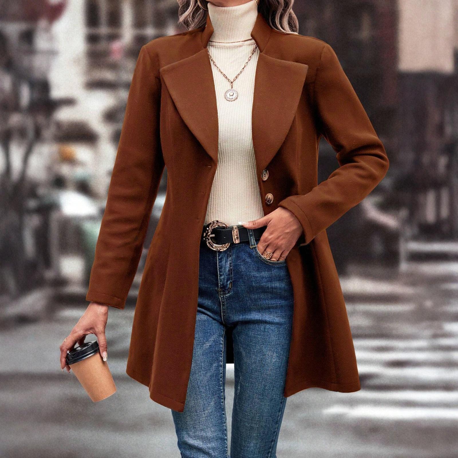 

Женская свободная и удобная куртка с V-образным вырезом, длинными рукавами и пуговицами, однотонная XL кофейный