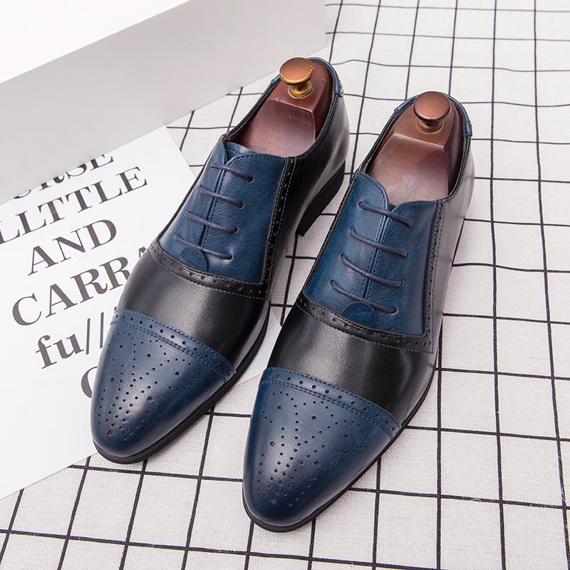 New Men Block Shoes PU Breathable Lace up Business Office Dress Shoes Italian Handmade Leather Shoe Size 38-48 Men Shoes