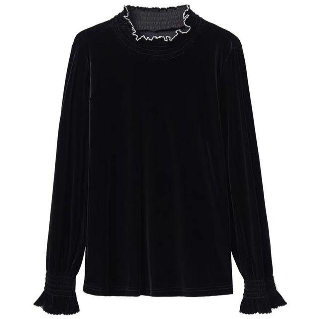 

Сплошной цвет, золотая бархатная рубашка, женская осенне-зимняя новая модная блузка с полувысоким воротником, темпераментный топ с деревянным краем уха XXXL чёрный