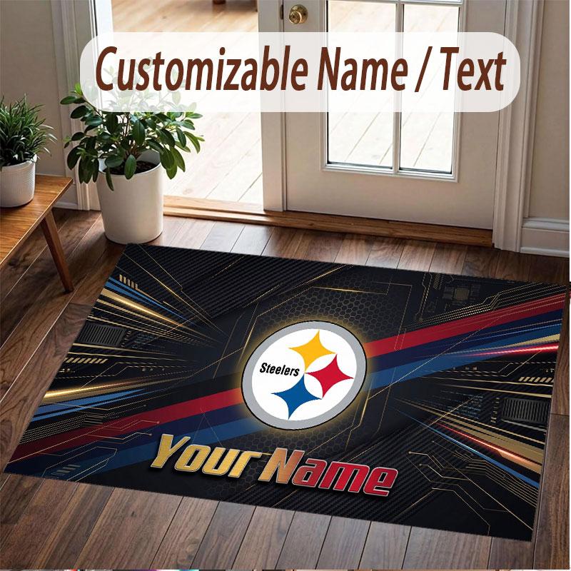 Custom Rug Pittsburgh Steelers Pattern Print Name Text Soft Non‑Slip Floor Carpet for Home Indoor Decoration