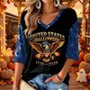 Women's V-Neck Casual Three-Quarter Sleeve Halloween Print Top