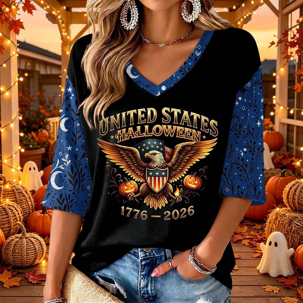 Women's V-Neck Casual Three-Quarter Sleeve Halloween Print Top
