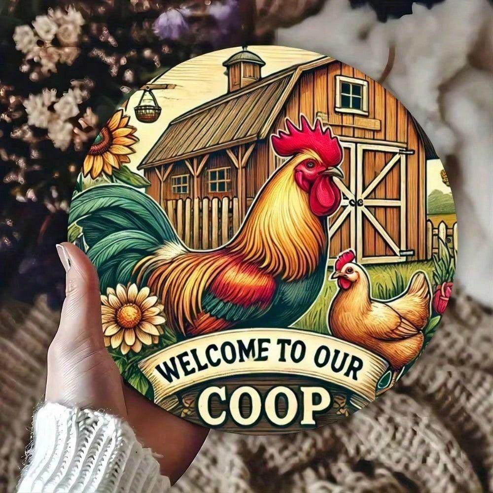 Vintage Metal Tin Sign Chicken Wall Decor for Bar Pub Kitchen Farmhouse Round Plaque