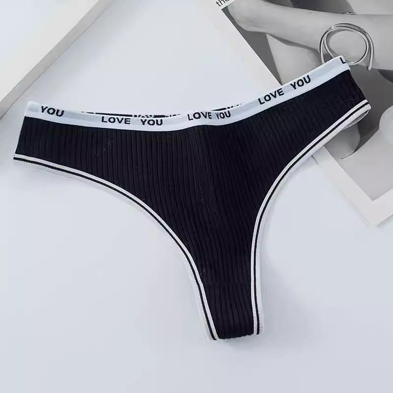 Nahtloser gerippter Baumwoll-Tanga für Damen mit Buchstaben-Bund – Bequeme, atmungsaktive T-Back-Slips
