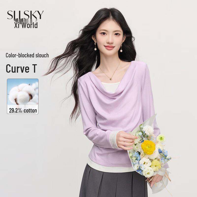 Sllsky Women s Faux Two-Piece Drape Neck Long Sleeve T-Shirt L