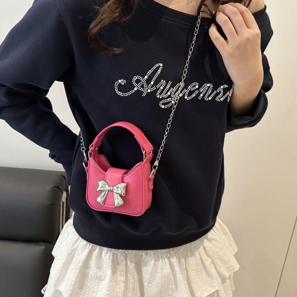 Pu Leather Bow Buckle PU Bag Mini Women's Shoulder Bag Trendy Silver Bucket Bag Makeup Bag
