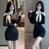 Autumn and Winter New Bow Straps Off-the-shoulder Long-sleeved Dress Women's Short Skirt Showing Figure Waist and Hip Dress Skirt