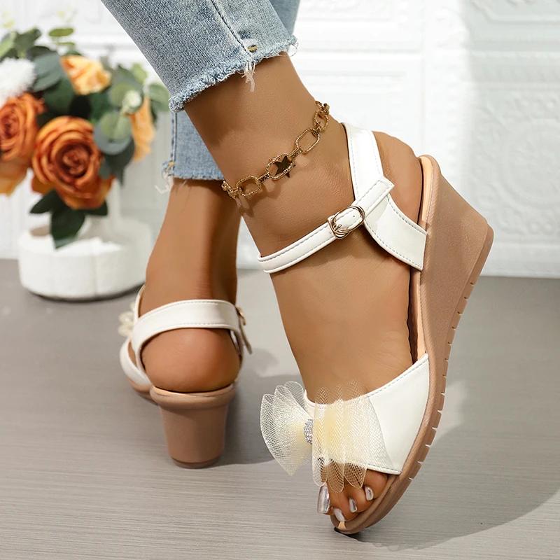Fashion Women's Mesh Bow Knot High Heel Sandals Casual Anti-Slip Platform Wedge Sandal Female New Round Toe Thick Bottom Sandalias Mujer