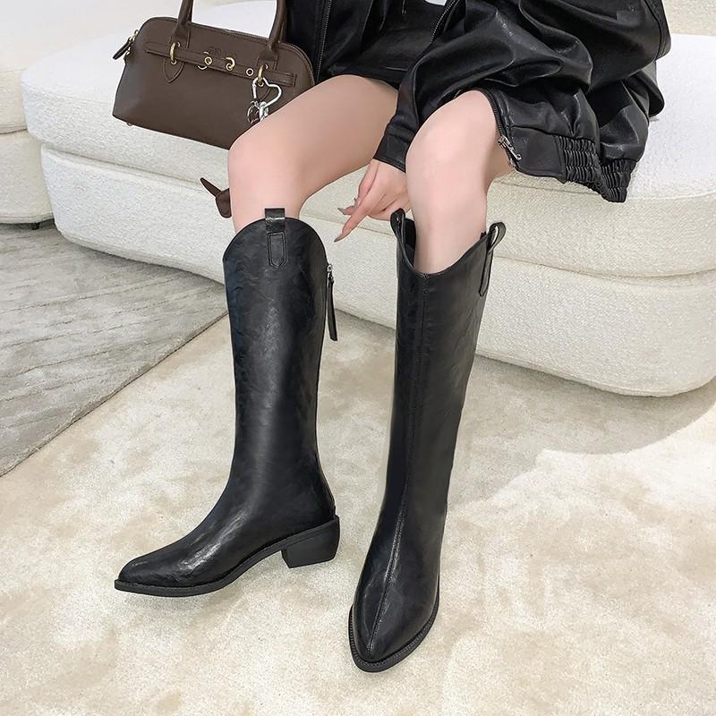 2025 autumn new retro pointed thick heel western cowboy boots V-mouth medium heel knight boots large size boots women