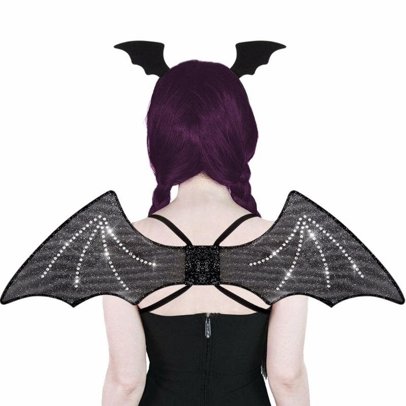 Halloween Wing Bats Wing with Headwear Set Vampires Costume Wing Bats Ears Headband Black Wing for Fancy Dress Parties