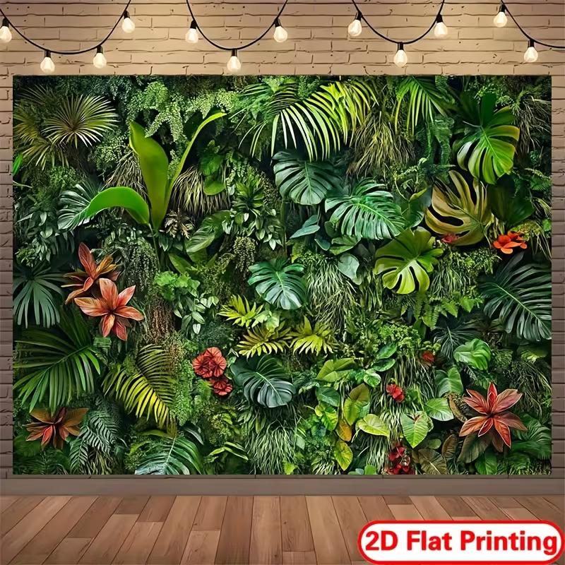 Sfondo 2D Foresta Pluviale Tropicale Monstera Palma Fiore Rosso Muro Verde
