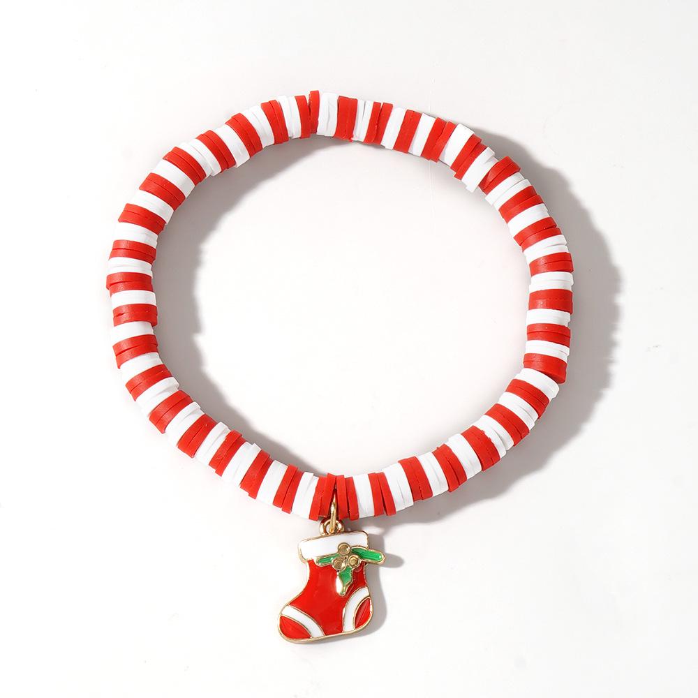 Christmas Clay Beaded Bracelet with Tree, Snowman, Bell & Reindeer Pendants In Red, White & Green - Festive Hand Jewelry