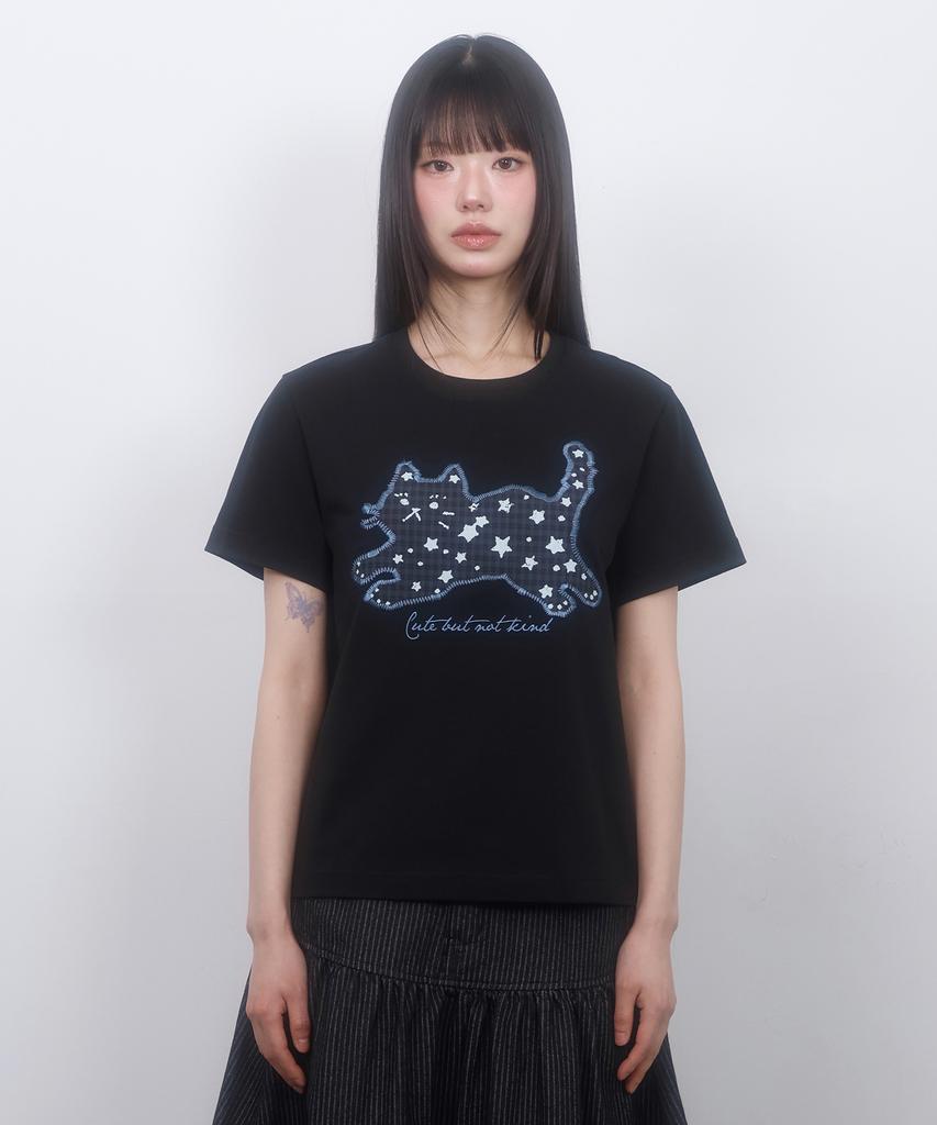 LMR Star Dot Cat Applique Short Sleeve T-Shirt Black