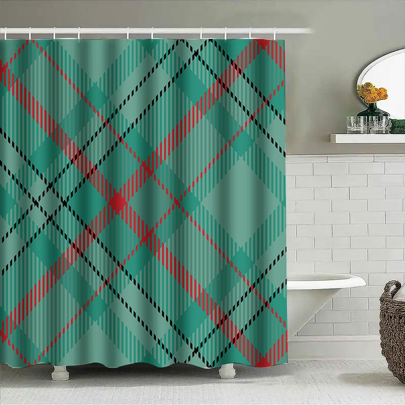 Plaid Shower Curtain Fabric Waterproof Decoration For Bathtub Modern Design Bathroom Accessories (Teal Red)