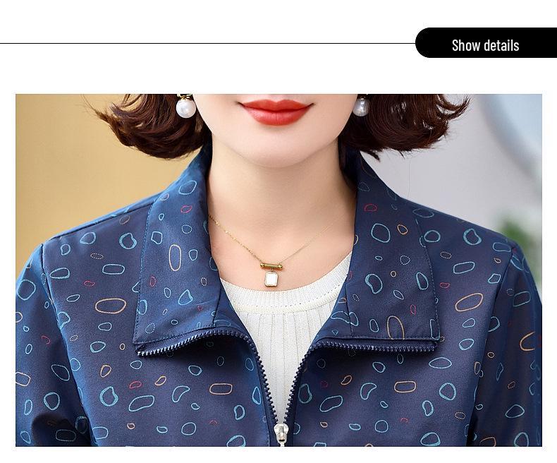 Early Spring Printed Lapel Zipper Jacket for Middle-Aged & Elderly Women - Loose, Comfortable Outerwear