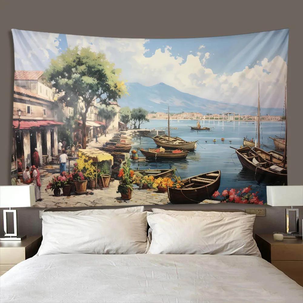 Vintage European Seaside Town Oil Painting Wall Tapestry Background Decor for Bedroom Dormitory Rural Home Gift