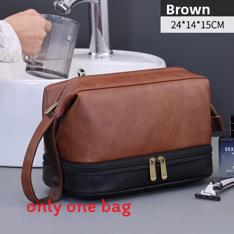 Vintage Luxury Double Layer Mens Wash Bag With Waterproof Pu Material For Travel And Daily Use Brown