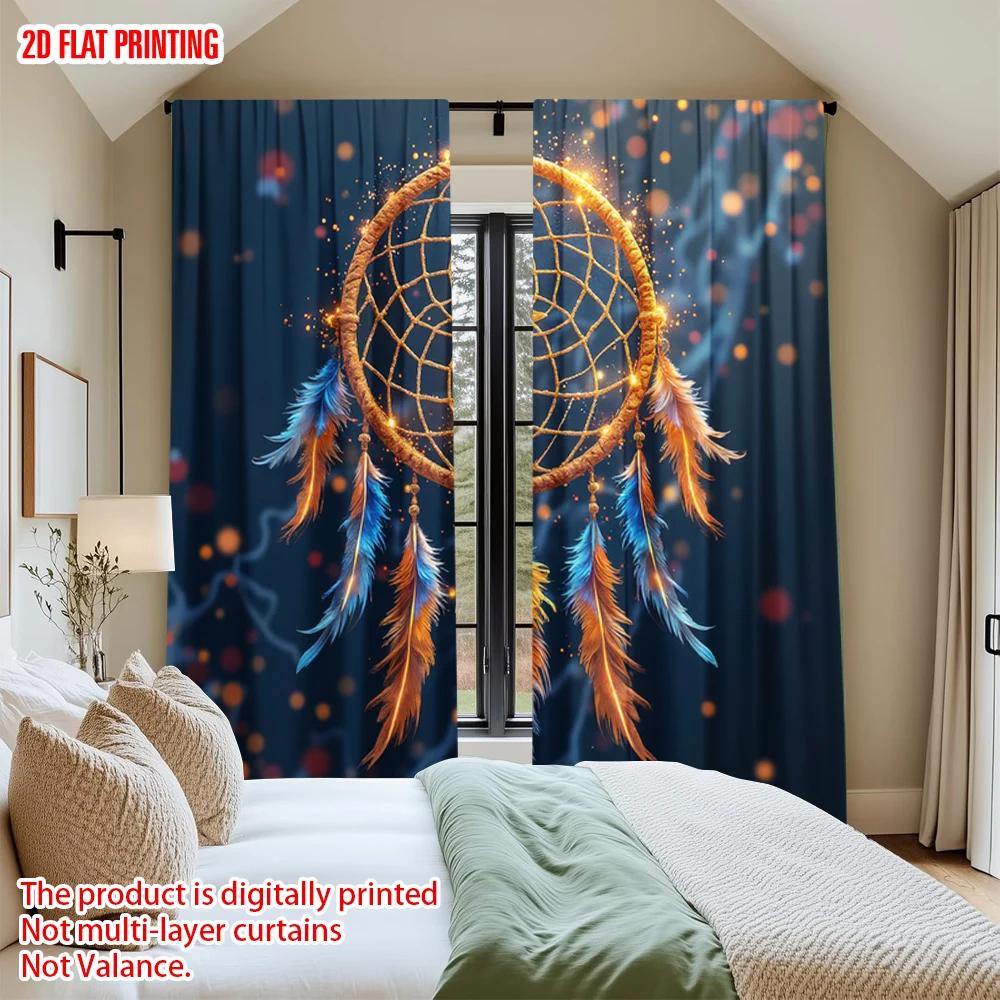 Set Of 2 Bohemian Flat Printing Curtains Dreamcatcher Native American Feathers Digital Printed Polyester Drapes Festive Curtain Made
